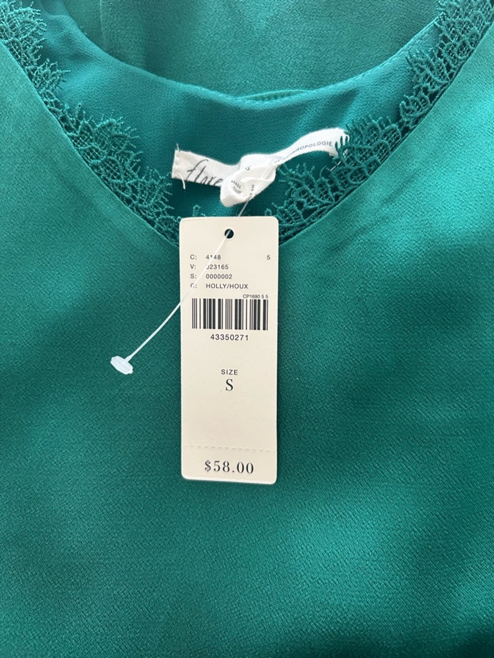 Floreat Anthropologie Green Emerald Lace-Trim Satin Cami Tank Size Small NWT - Picture 2 of 11